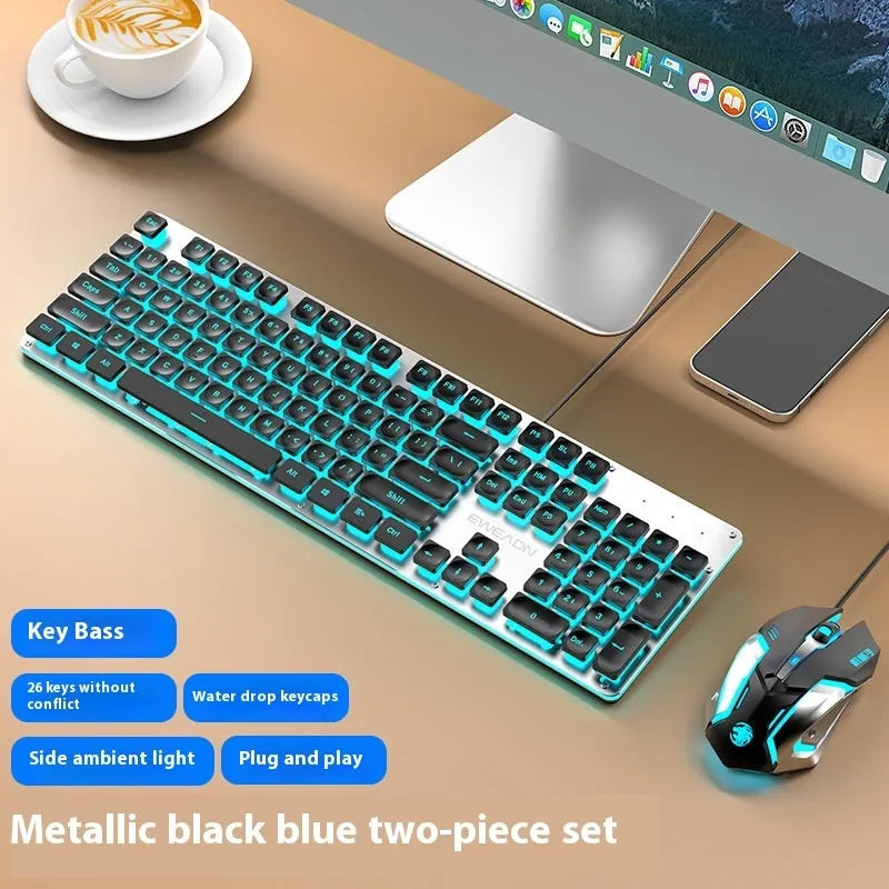 Wired mute keyboard with mechanical feel keys, shown in a Metal Black case with blue LED backlighting.