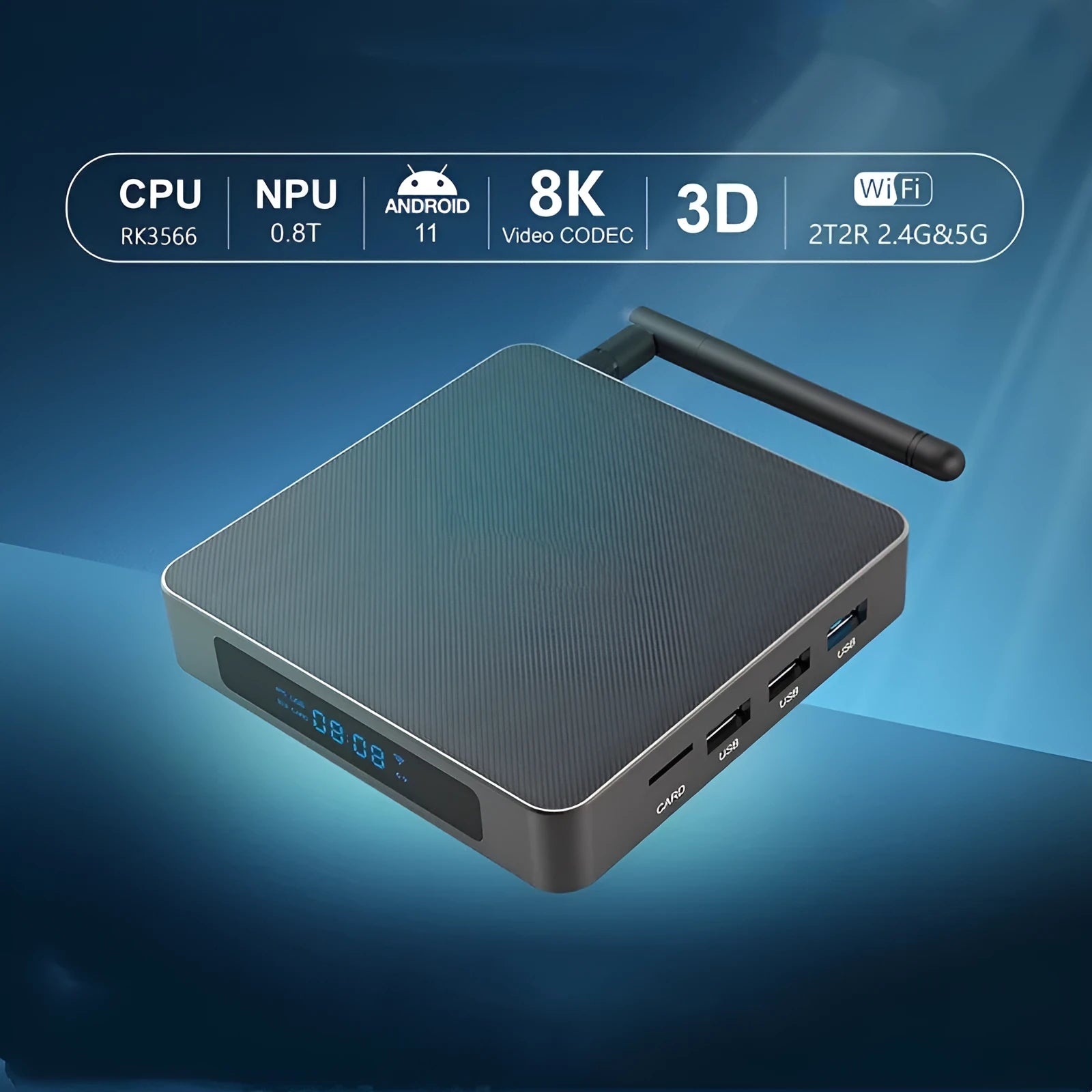 Android TV set-top box with remote control, HDMI cable, and power supply on a white background