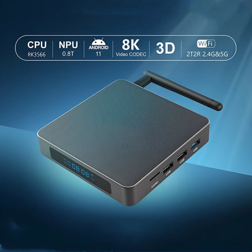 Android TV set-top box with remote control, HDMI cable, and power supply on a white background