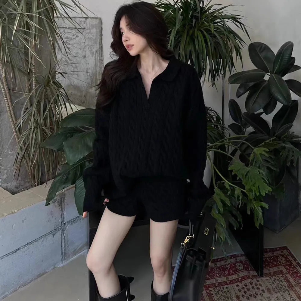 Women's geometric cable pattern knitted suit set with elastic waist shorts and long sleeve sweater