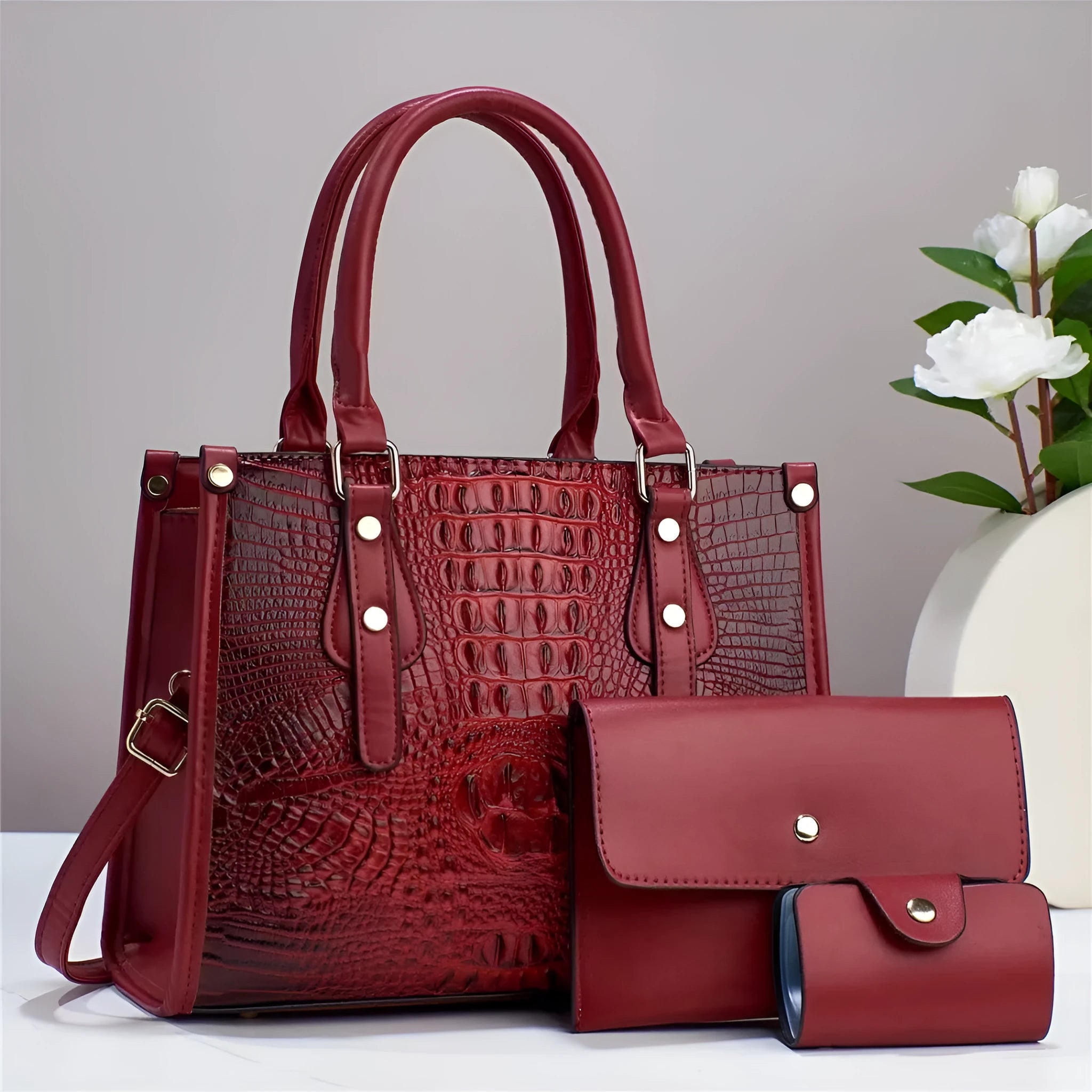 PU leather three-piece organiser set with crossbody bag, wallet, and card holder in contrasting colours