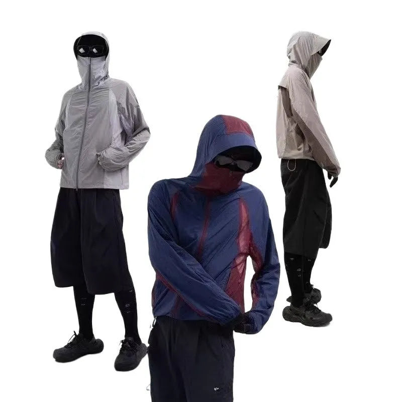 Mesh stitching sun protective clothes in nylon fabric showing desert brown, light grey, red and blue colour options