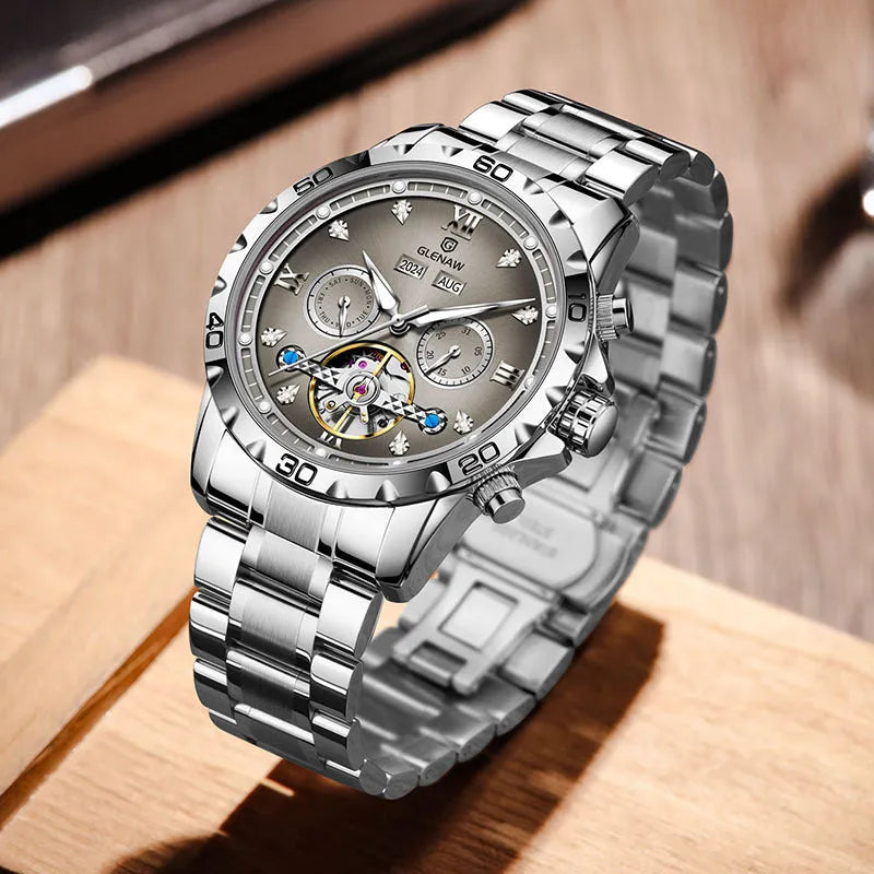 Men's automatic mechanical watch with stainless steel strap and mineral glass lens in silver case blue surface colour