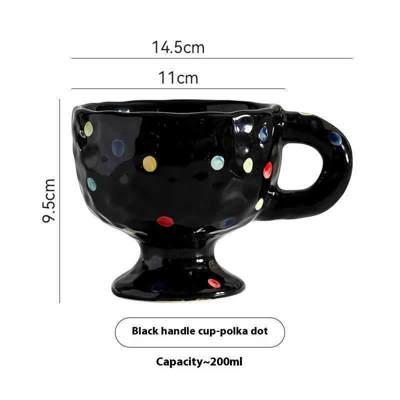 Handmade ceramic mug with irregular shape in solid colour