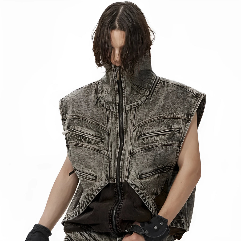 Men's spliced denim sleeveless vest jacket with front zipper closure
