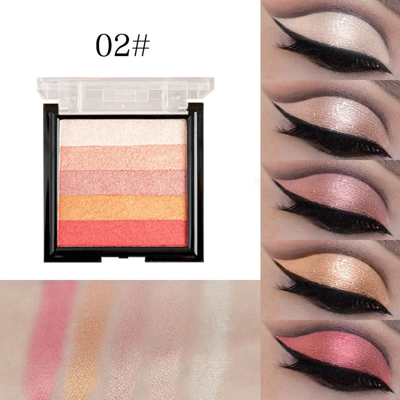 A compact of highlight eye shadow in one of six colour styles, shown open to display the powder.
