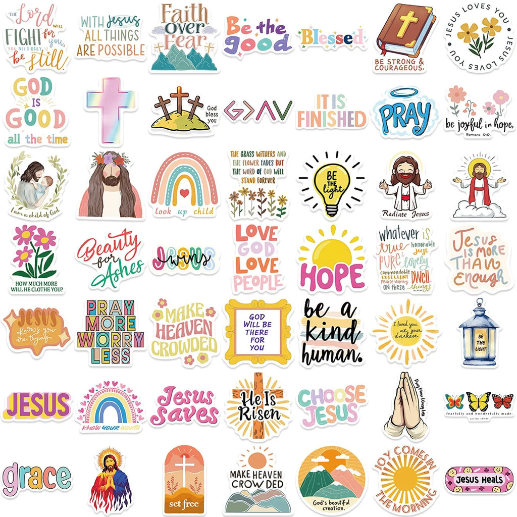 Assortment of 50 printed graffiti-style decorative stickers on a sheet