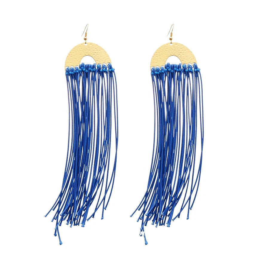 Women's geometric earrings with blue resin flower design on cloth material