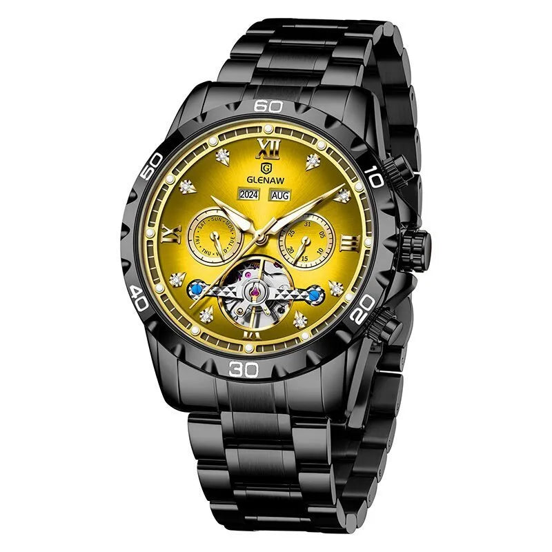 Men's automatic mechanical watch with stainless steel strap and mineral glass lens in silver case blue surface colour