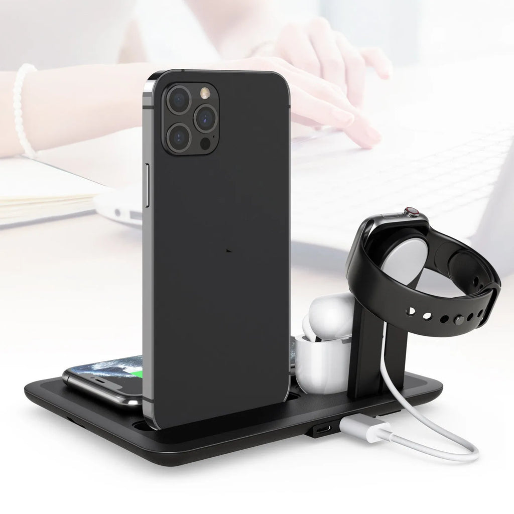 Wireless charging station for phone, watch and headphones on desktop in black finish