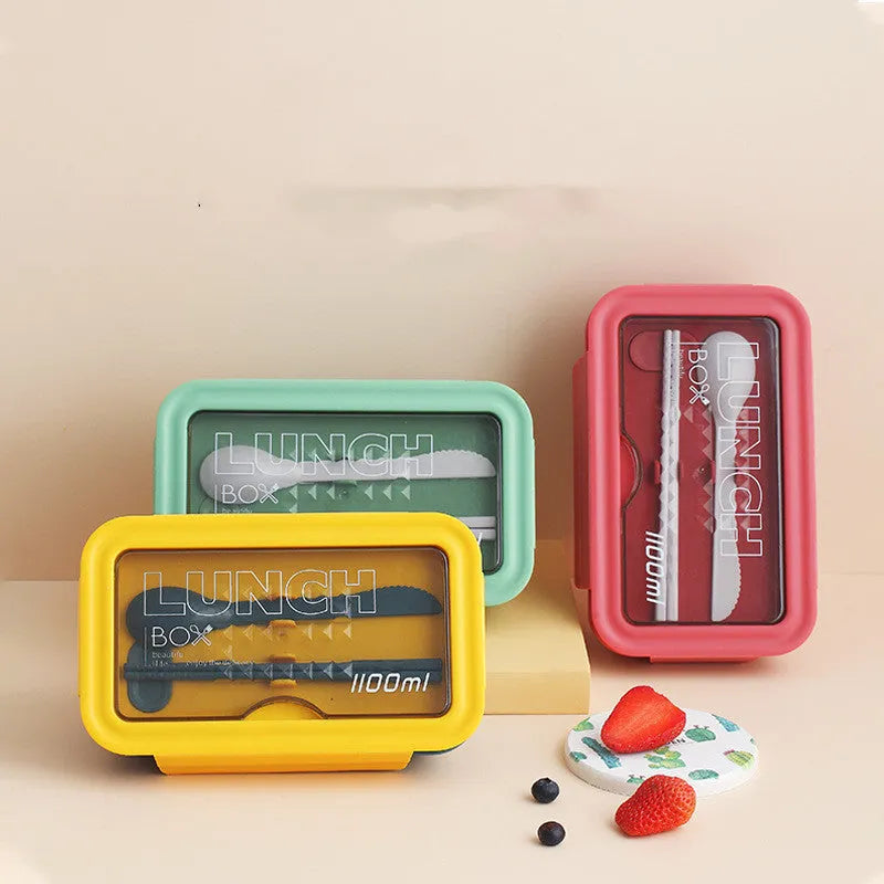 Green partitioned Japanese bento lunch box with four compartments showing dimensions