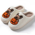 Halloween pumpkin house slippers in black and white colours with plush velvet cotton upper