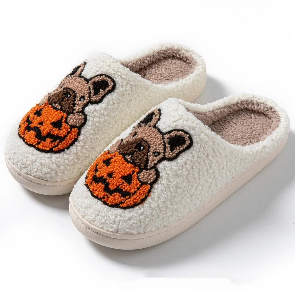 Halloween pumpkin house slippers in black and white colours with plush velvet cotton upper