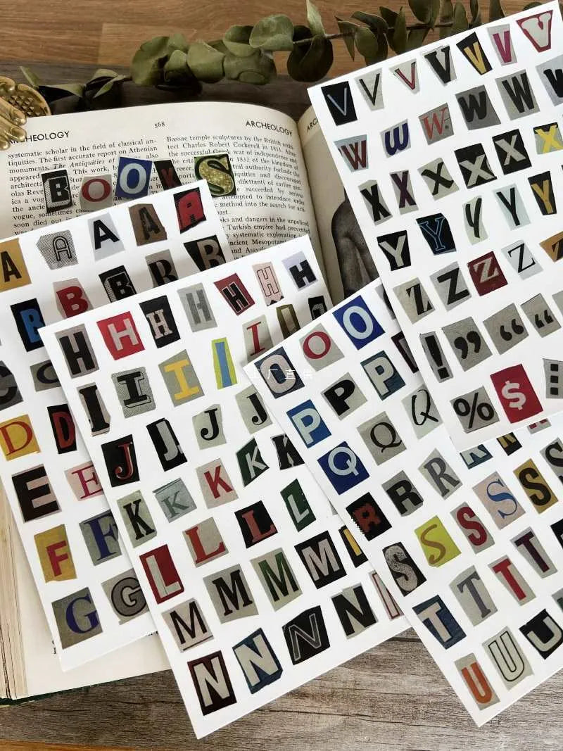 Set of printed vinyl decoration stickers showing English letters A, B, C, D, E and weekly words in a cute style.