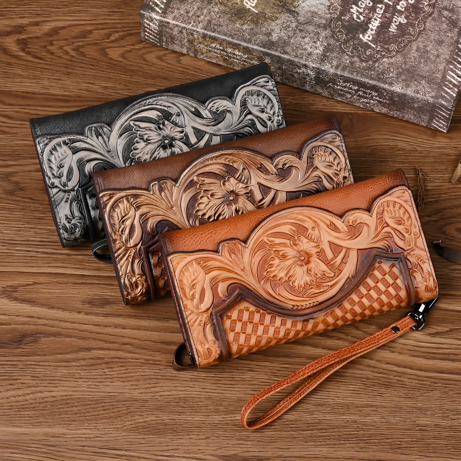 Retro brown floral embossed tri-fold leather wallet open to show interior compartments.