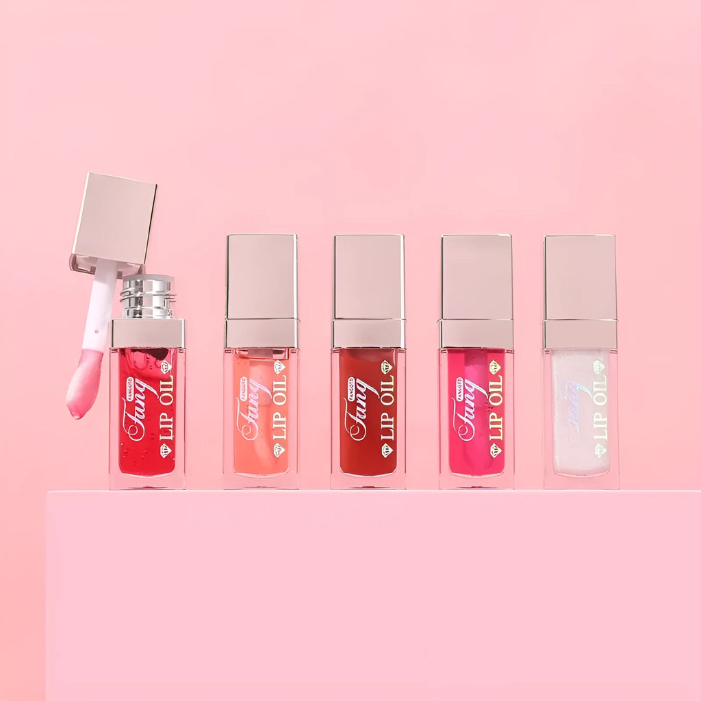 Five tubes of bright lip gloss mint lipstick in shades 001, 006, 007, 012, and 015.