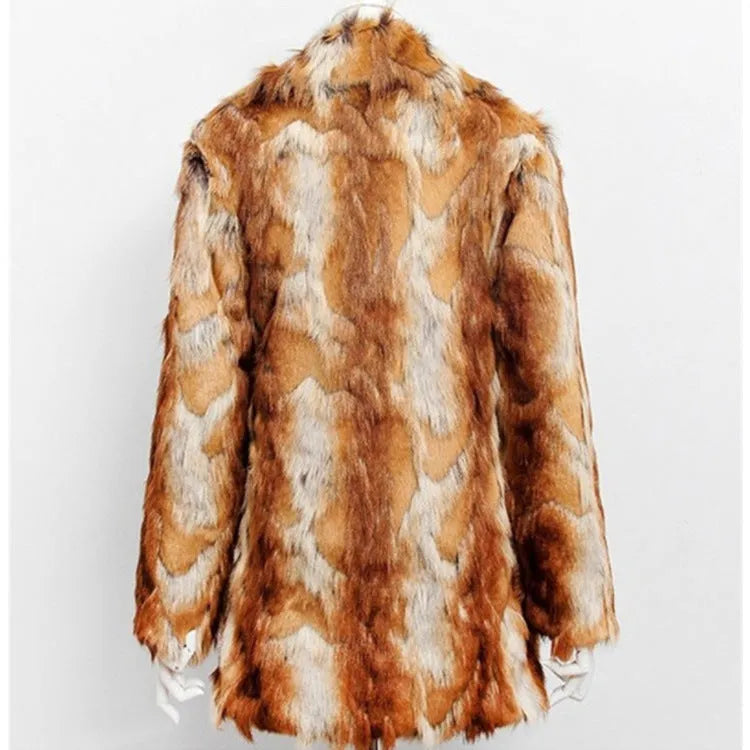 Women's tiger pattern faux fur leather jacket in medium length on a model.