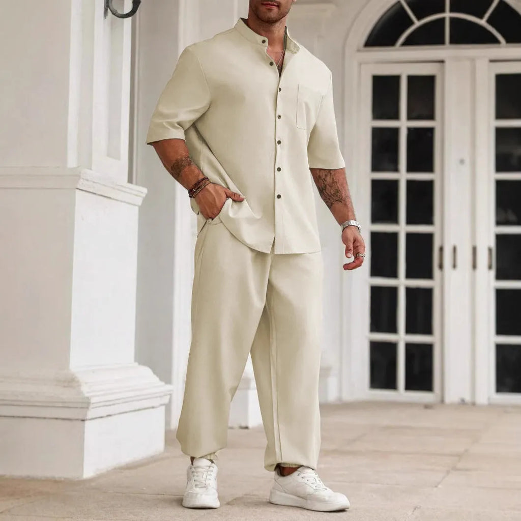 Men's cotton linen casual button short-sleeved trousers set with matching shirt in apricot colour