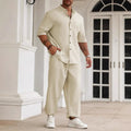 Men's cotton linen casual button short-sleeved trousers set with matching shirt in apricot colour