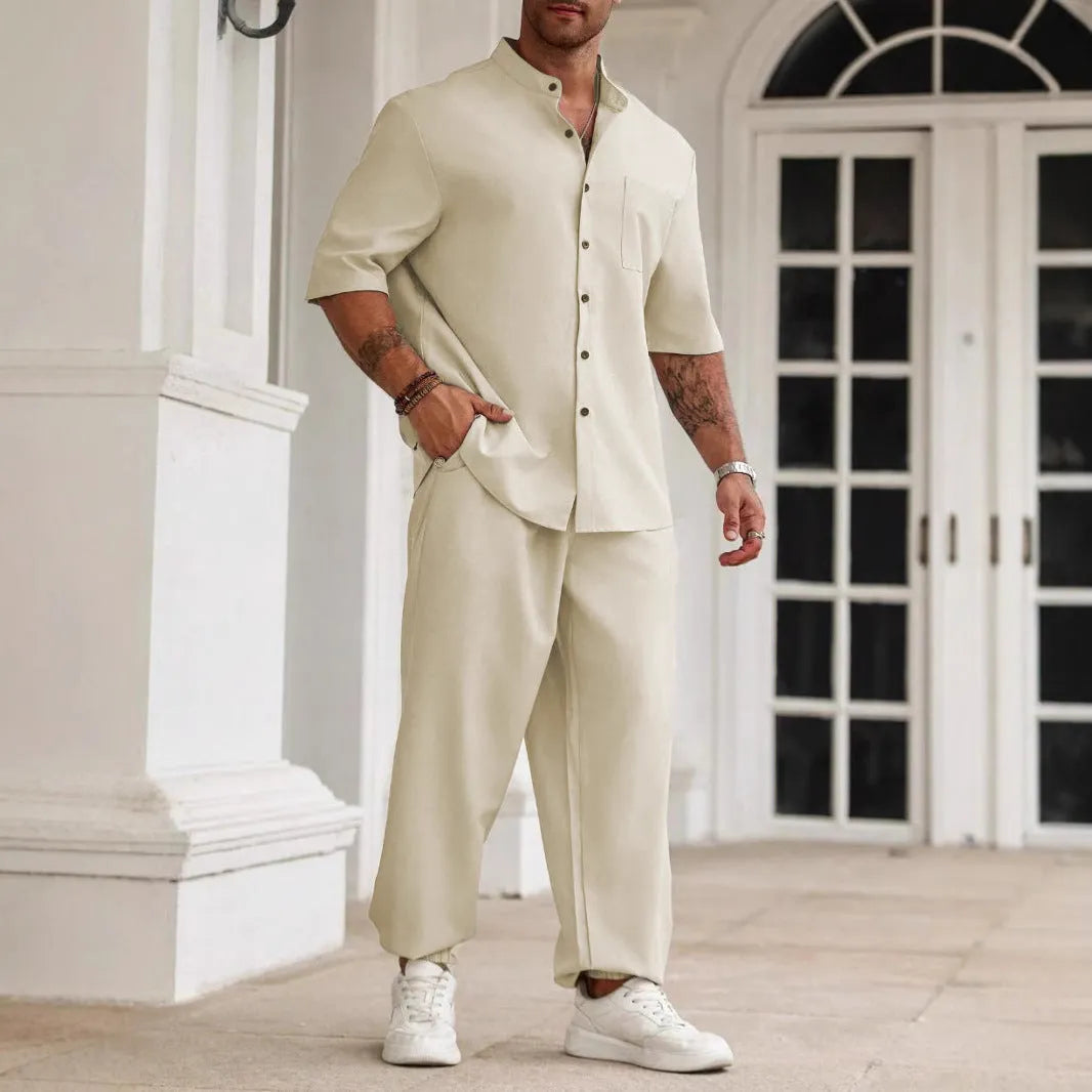 Men's cotton linen casual button short-sleeved trousers set with matching shirt in apricot colour