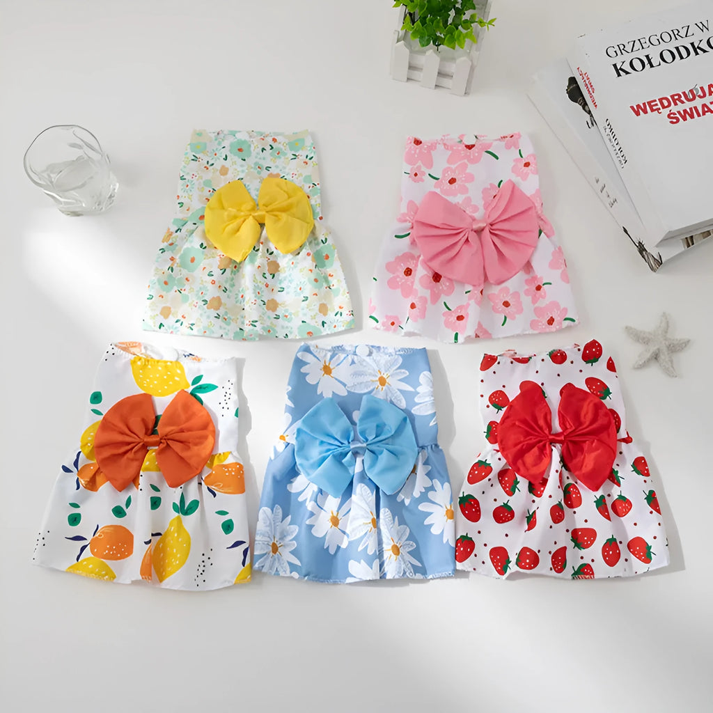 Ultra-thin floral print princess-style dress for a dog or cat, featuring a butterfly pattern and a large knot bow.