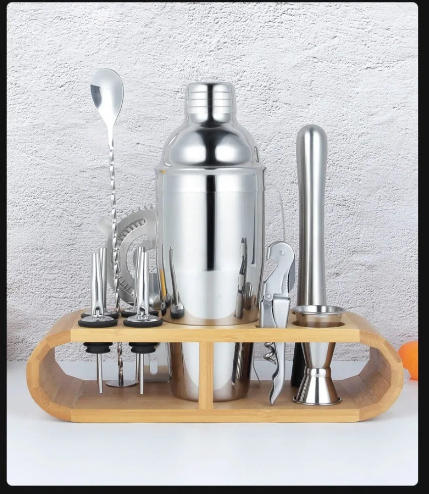 European style 23-piece stainless steel cocktail set with bartending tools on home bar