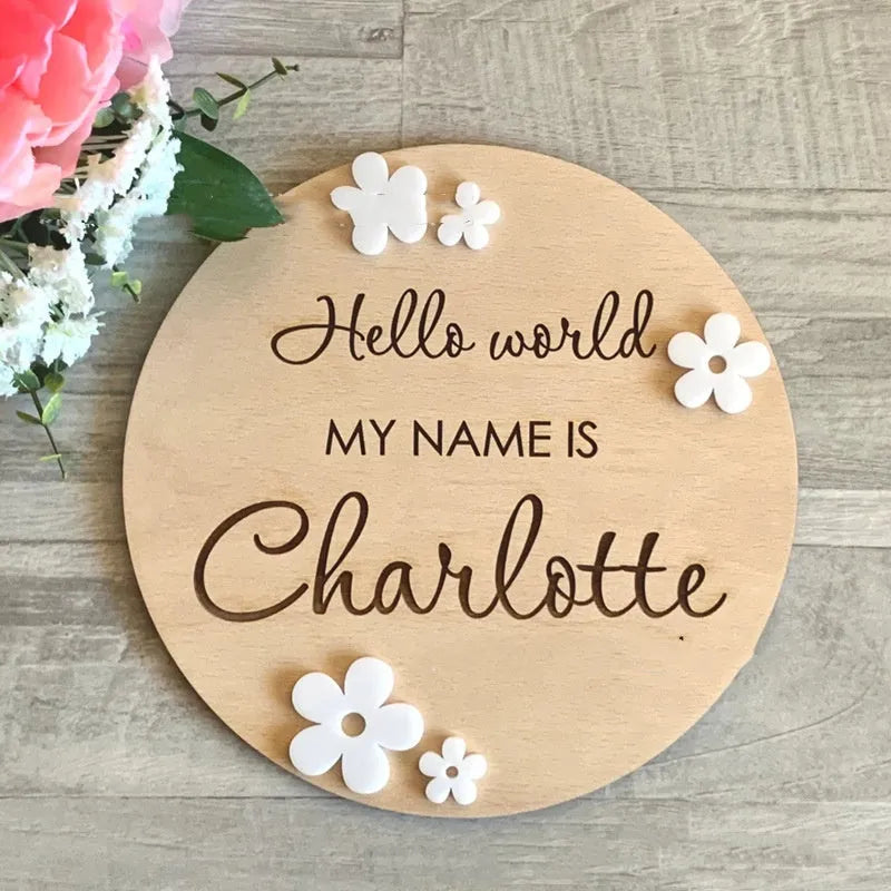 Square wooden baby birth information name label sign measuring 15cm