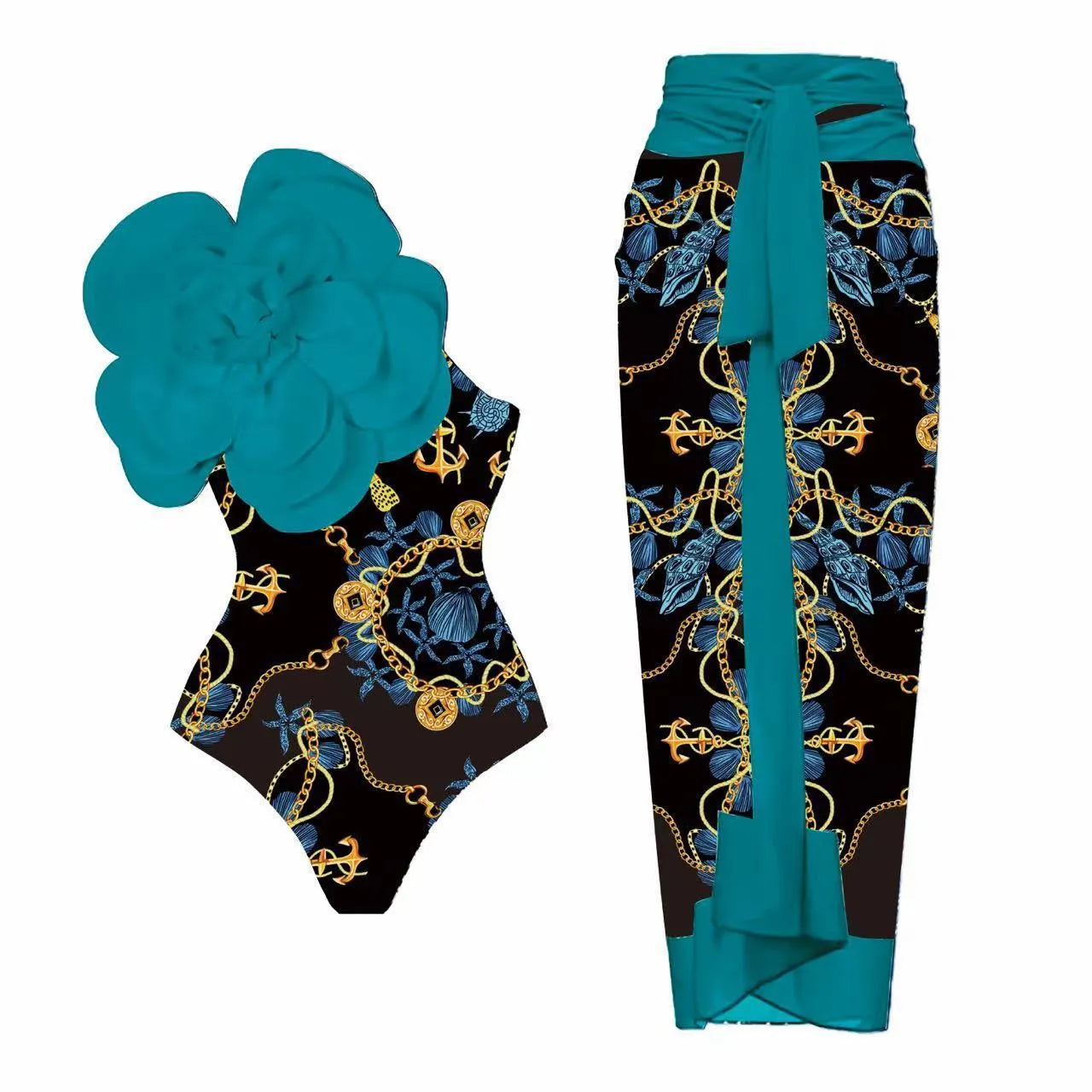 Women's floral print one-piece swimsuit with matching sarong wrap skirt in multiple colour options