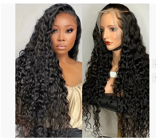 Curly human hair lace front wig on a stand, showing hand-woven construction and long curls.