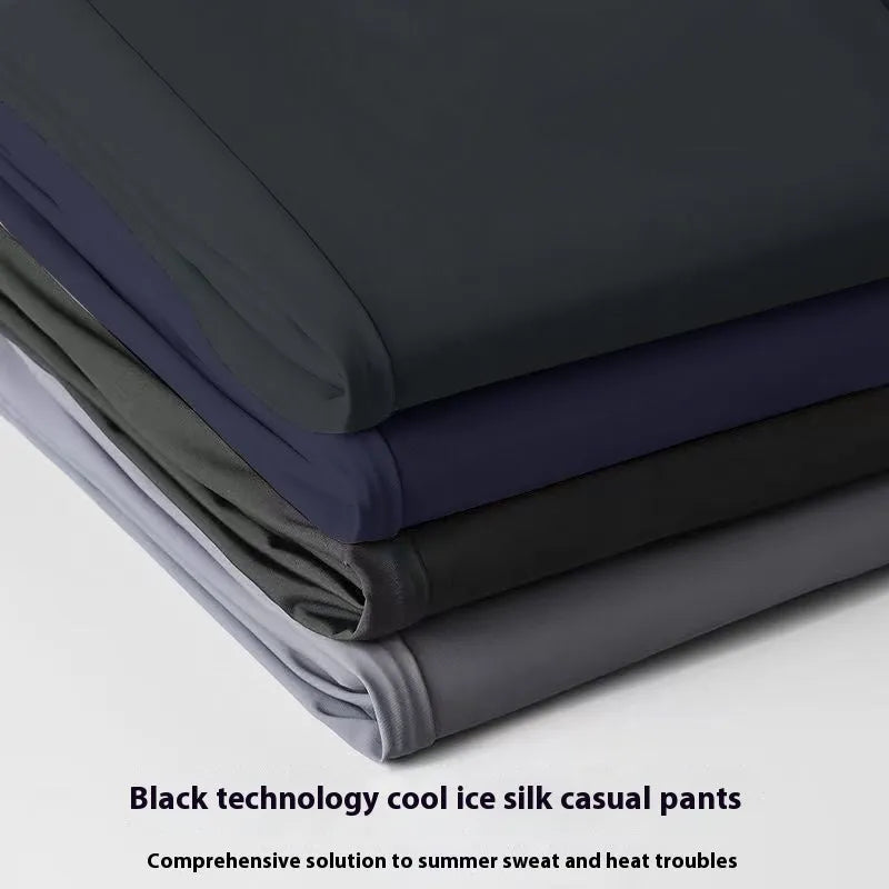 Men's straight-leg ice silk trousers in a loose fit with an elasticated open waistband.