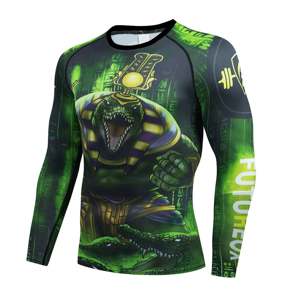 Man wearing a slim-fit, long-sleeve printed sport suit for running or gym training.
