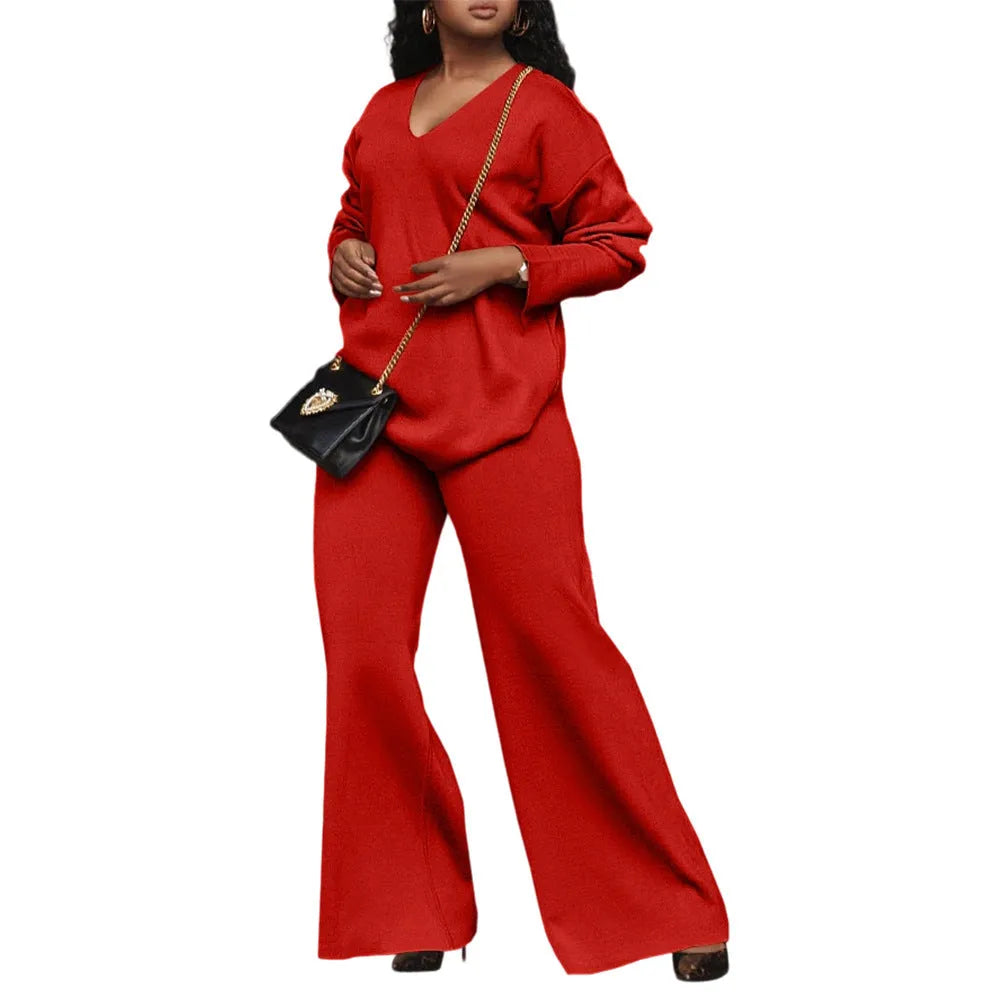 Women's brown suede velvet two-piece lounge suit with split sleeves on the long-sleeved top.