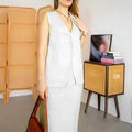 Blue polyester sleeveless vest and long skirt two-piece casual outfit on mannequin