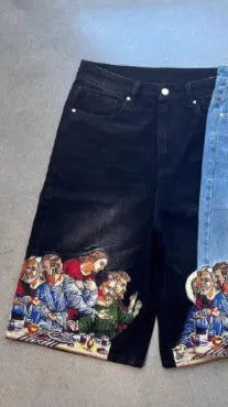 Men's blue cotton tapered shorts with Jesus print design on back pocket showing micro elasticity fabric