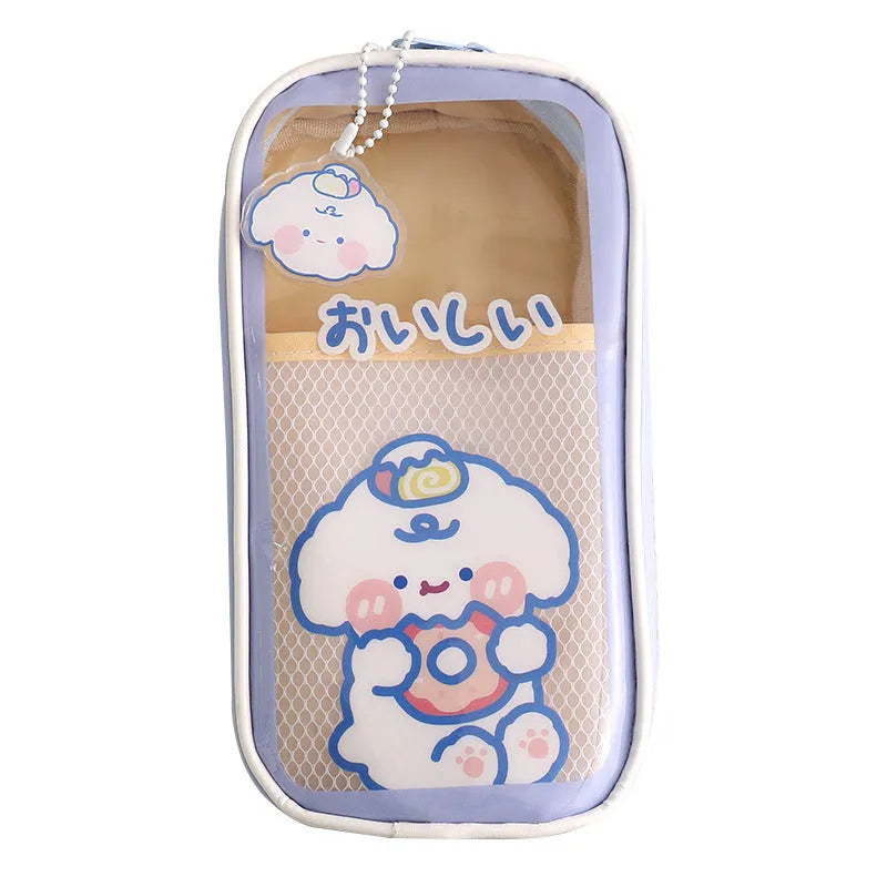 Transparent PVC pencil case with cartoon pattern, showing large capacity design for stationery storage