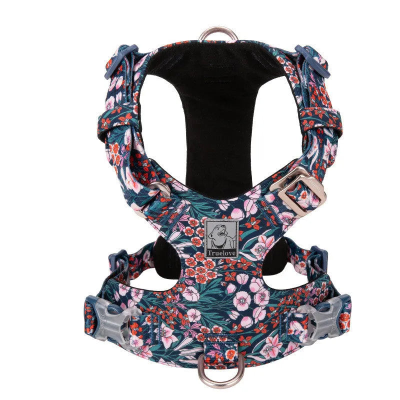 Floral pattern cotton pet harness with chest strap on dog during walk