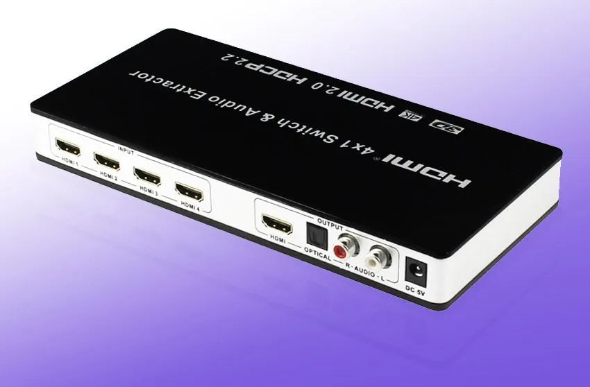 Black four input one output HDMI switch with remote control and power adapter