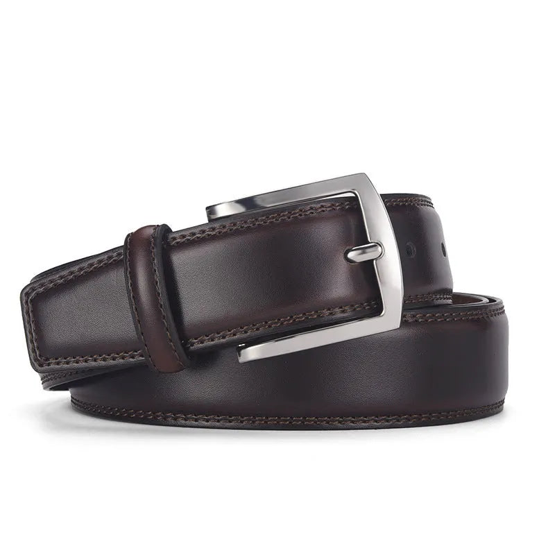 Men's genuine leather belt with alloy pin buckle in black or brown available in multiple lengths