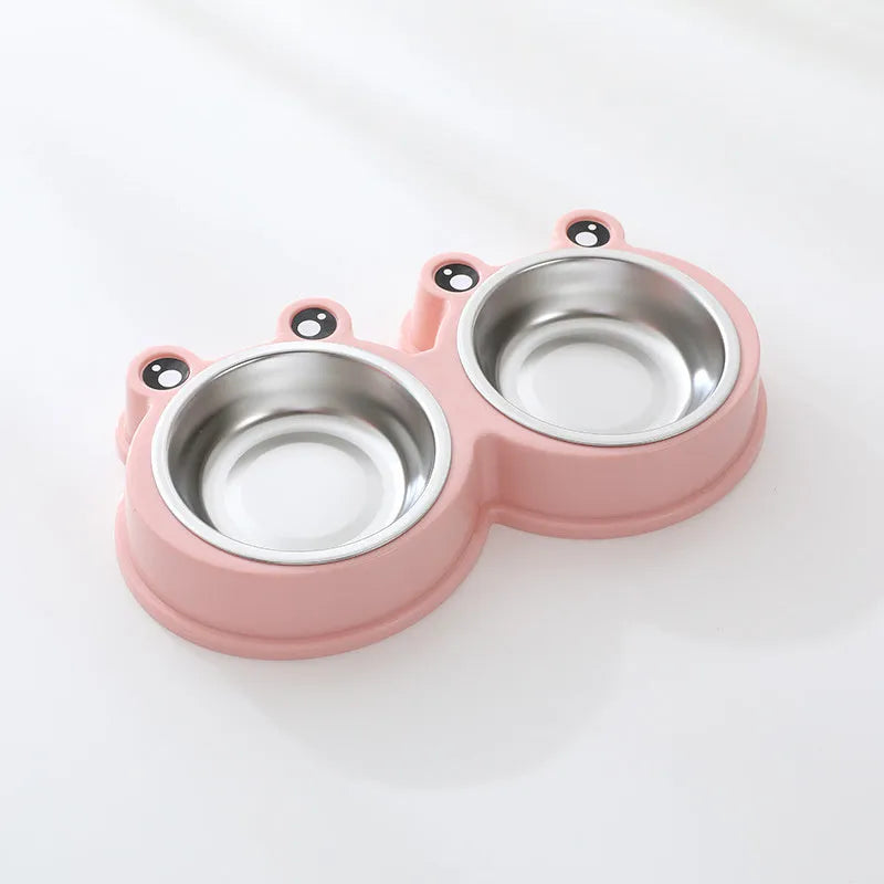 Stainless steel double pet bowl set with frog-shaped non-skid base in blue colour