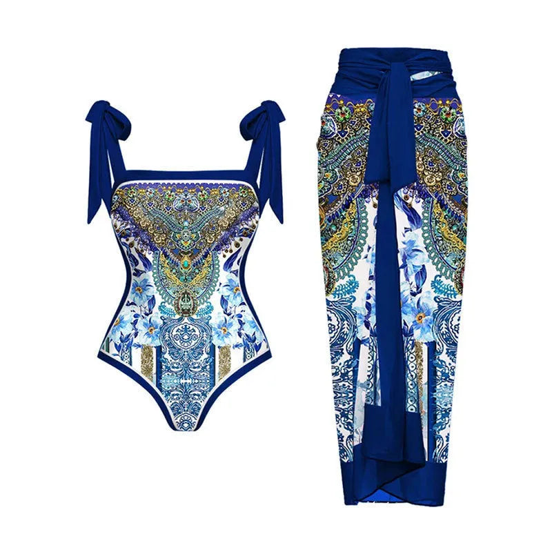 Women's retro floral one-piece swimsuit with chiffon skirt in yellow and black feather patterns