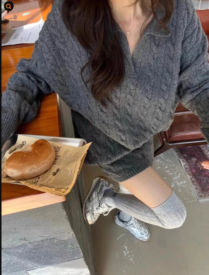 Women's geometric cable pattern knitted suit set with elastic waist shorts and long sleeve sweater