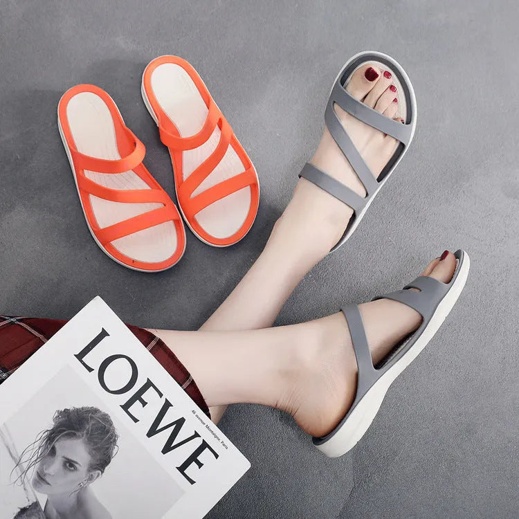 Women's solid colour casual beach sandals with PP uppers on a light background