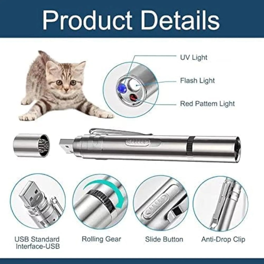 Silver aluminium USB rechargeable cat laser pointer toy with multiple light patterns.
