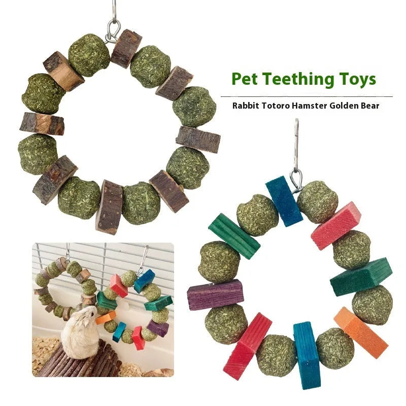 Applewood straw ball chew ring toy for small pets with decorative paillette details