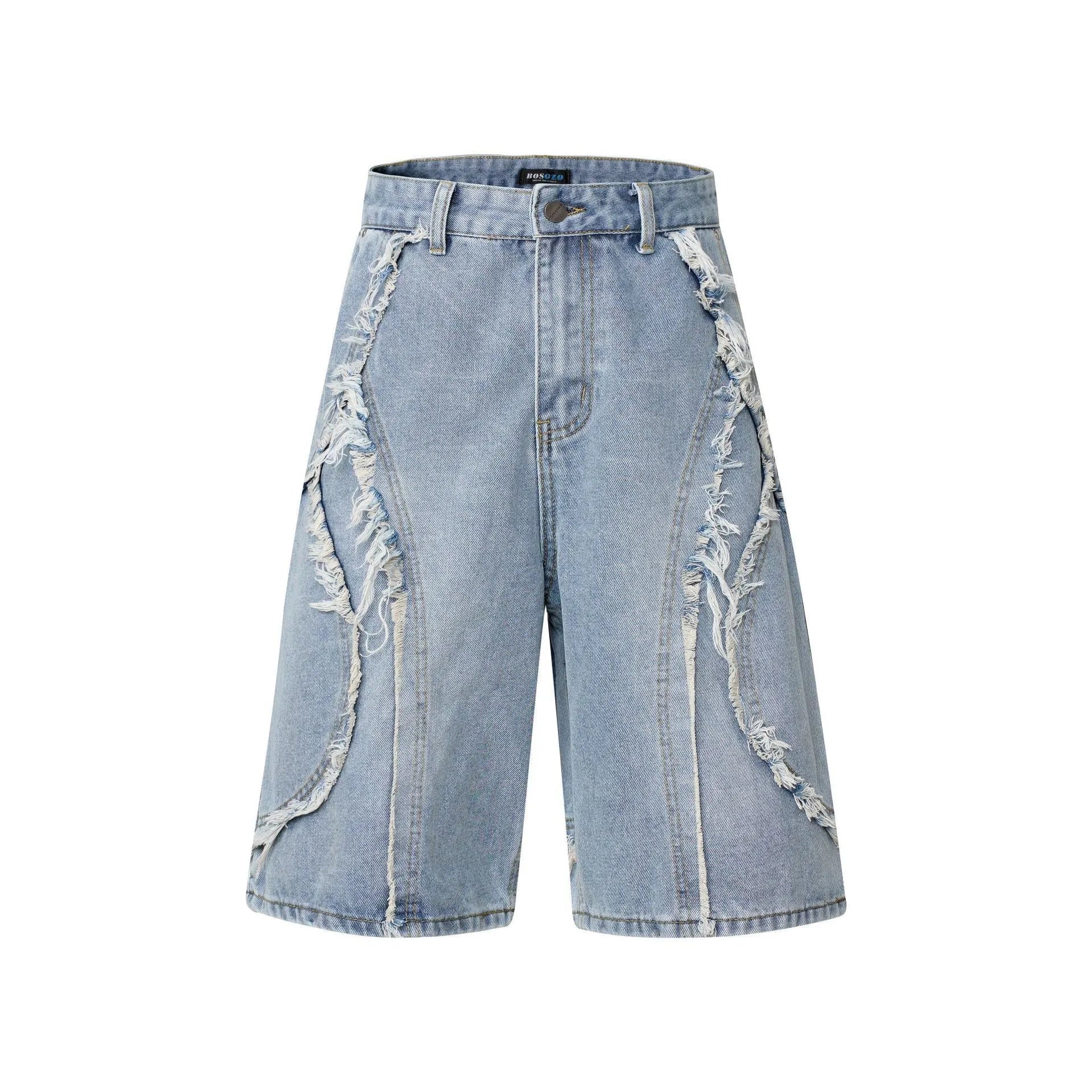Distressed raw edge denim shorts in light blue, shown on a model.