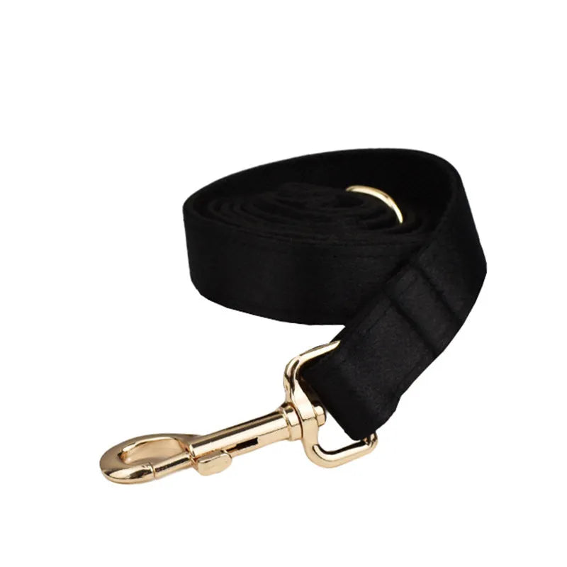 Cloth dog collar, leash, bow, and vest set shown in multiple sizes for pets.