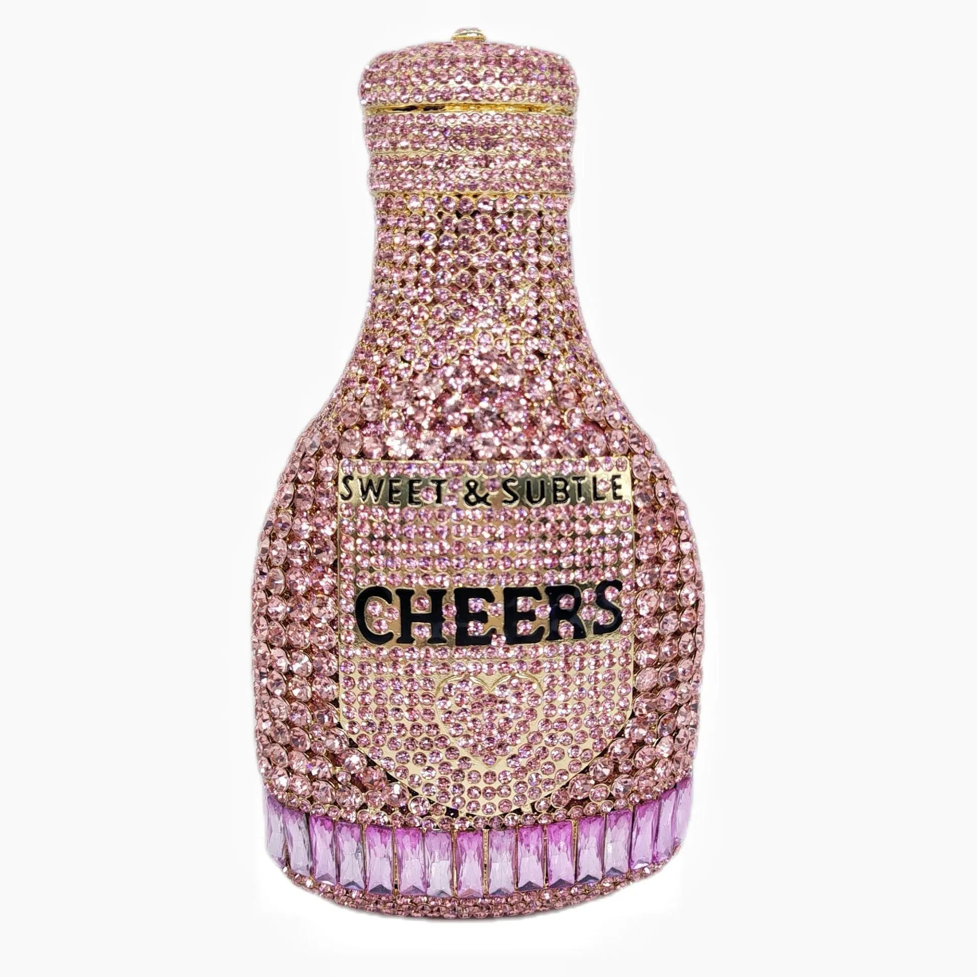 Gold rhinestone champagne bottle shaped evening clutch bag with wrist strap on a dark background.