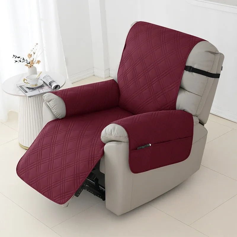 Quilted polyester spandex sofa cover for a Chivas massage chair in burgundy colour.