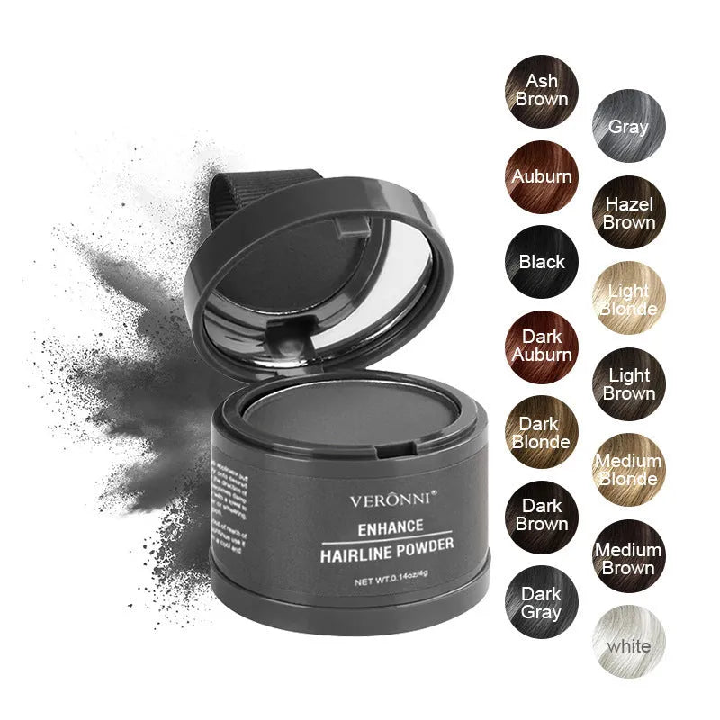 Hairline powder for shadow gap repair with 14 colour classifications including ash brown, auburn, black, and dark blonde