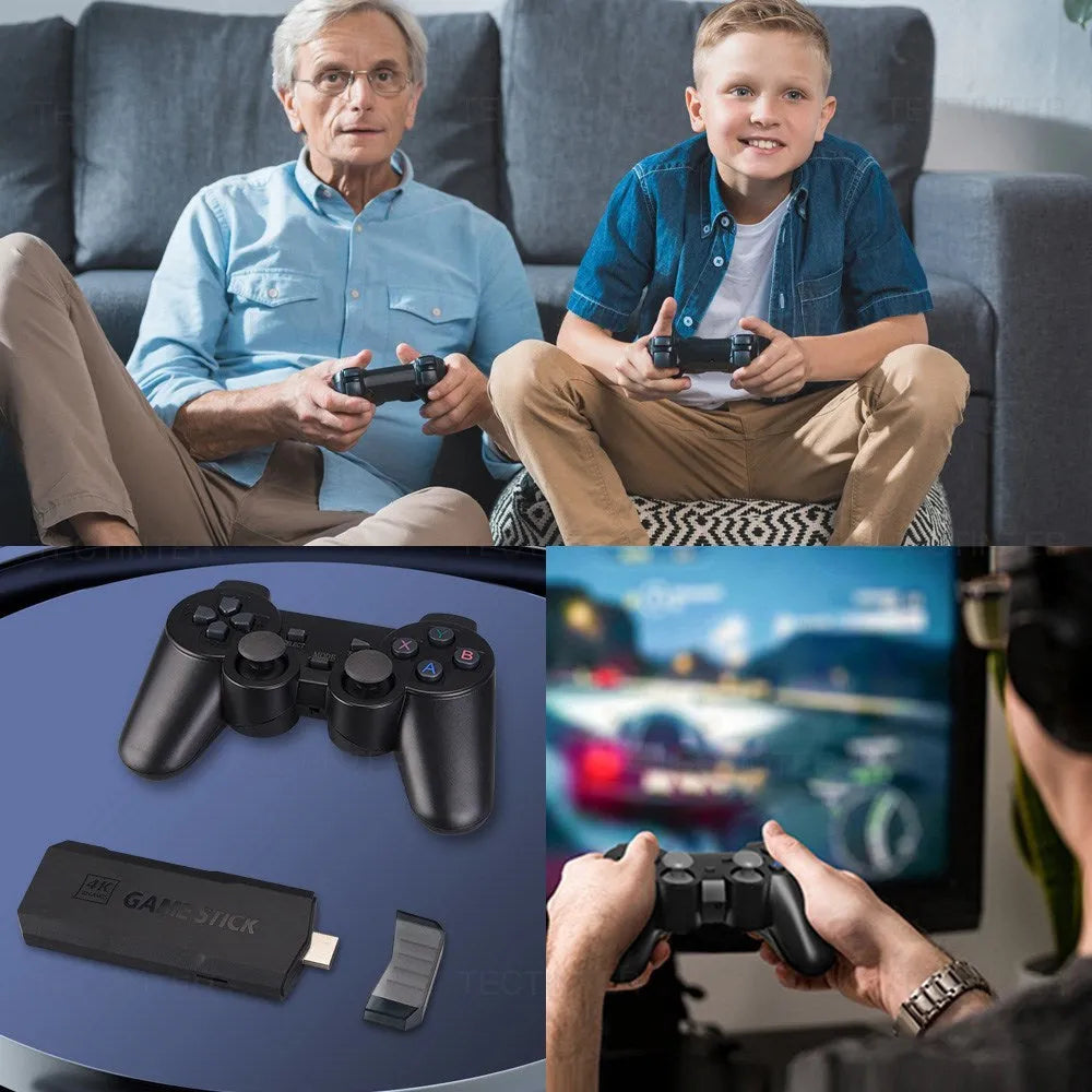 Compact black HD home TV game console with wireless controller on a stand
